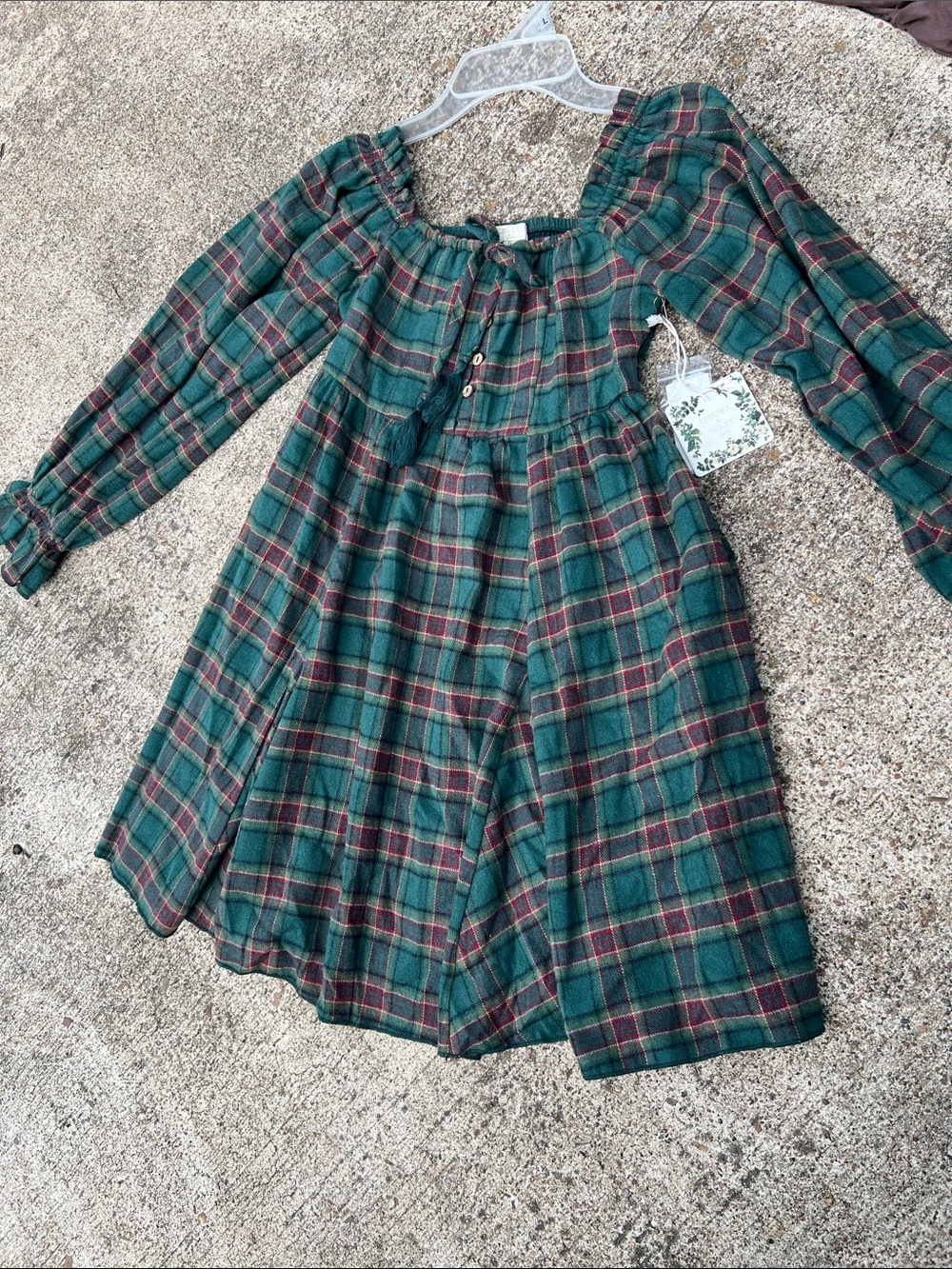 Green Plaid Peasant Dress with Tassel Tie
